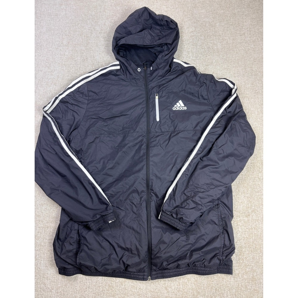 Adidas Mens Windbreaker Jacket Black 3-Stripe Full Zip Hooded 2XLT